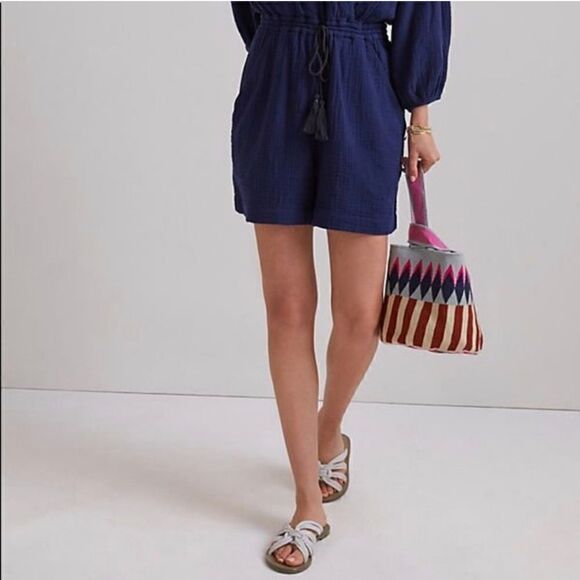 Anthropologie Celia Gauzy Romper Women's size XS navy blue faux wrap drawstring - Picture 4 of 13